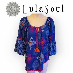 LulaSoul Blue Pink Embroidered Boho Top Bell Sleeve Vacation Beach Resort Small